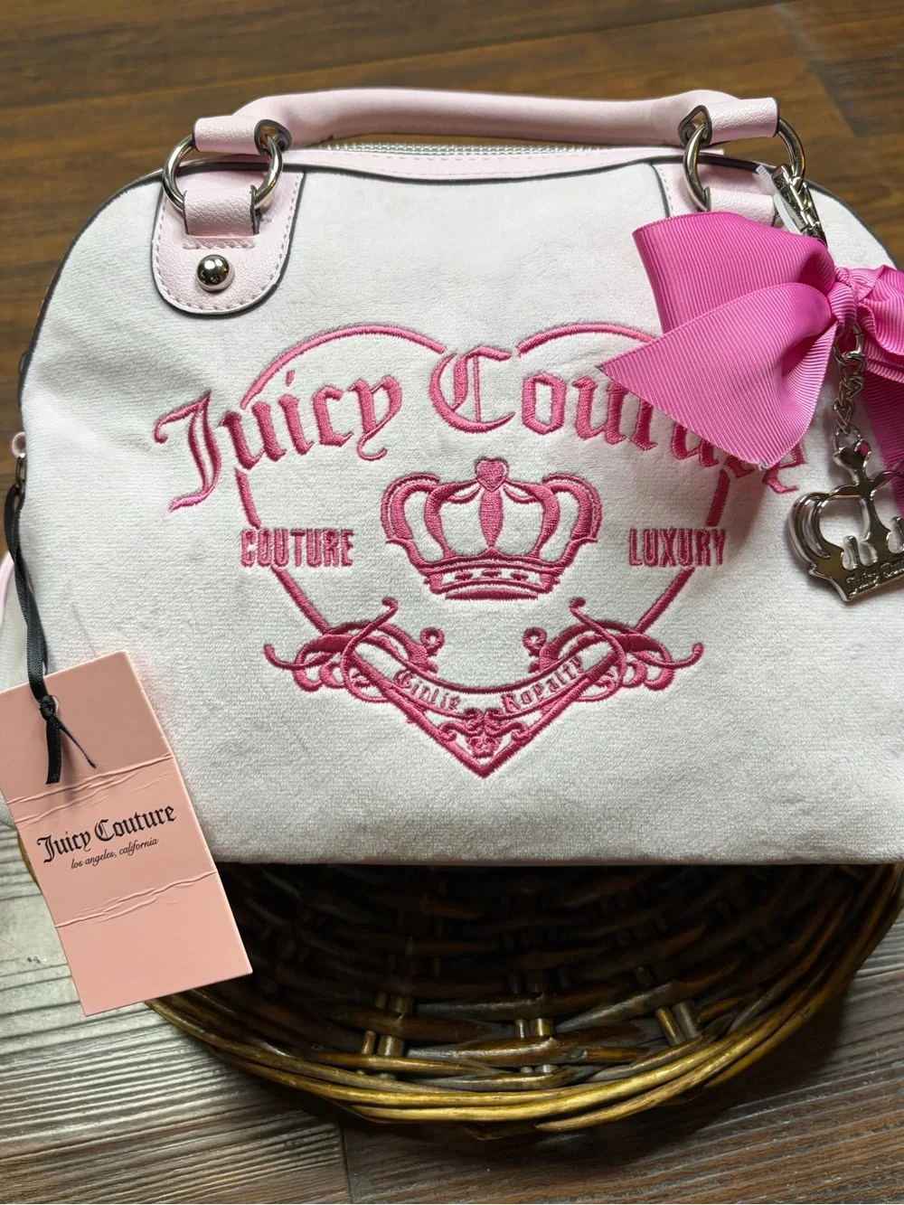 Juicy Couture Pink Mini Satchel with Embroidered Logo and Bow Charm